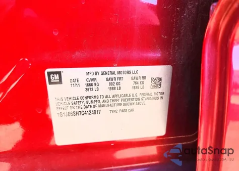 2012 Chevrolet Sonic Ltz from USA, damaged, VIN 1G1JE6SH7C4124817